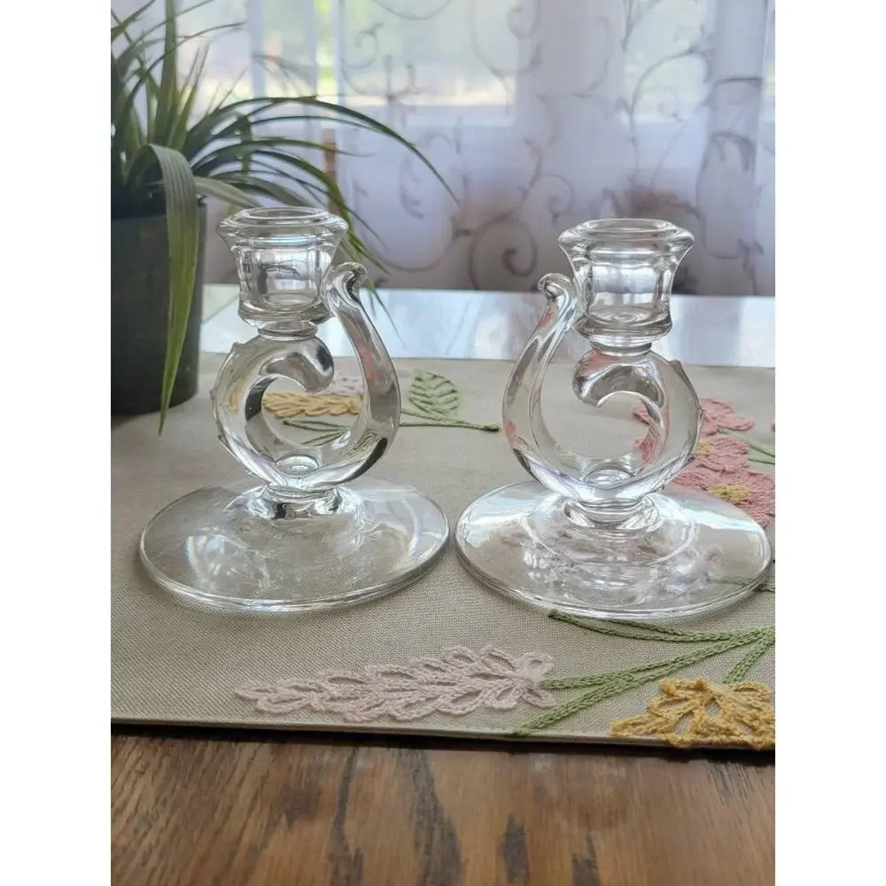 Vintage Fostoria Century Clear Glass Candle Holders Pair Taper Candlesticks
